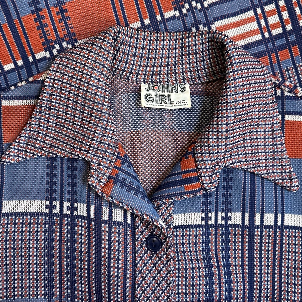Vintage 70s John’s Girl Woven Polyester Blouse Shirt Blue Orange White Size 12
